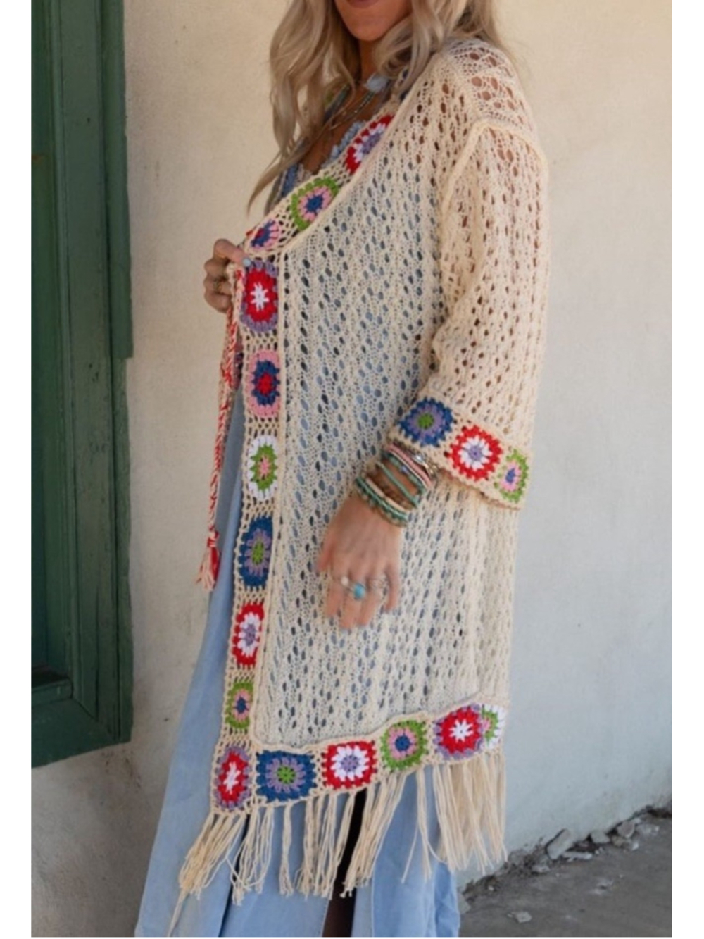 POL Crochet Knit Boho Cardigan Large Cream Granny Square Fringe Duster Sweater - Picture 2 of 10
